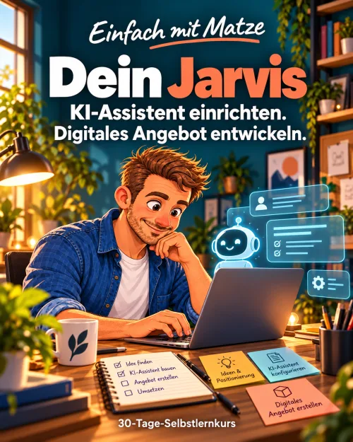 Kurscover „Dein Jarvis, einfach mit Matze“: Zeichnung eines Mannes am Laptop mit einem kleinen KI-Roboter und Notizzetteln, Untertitel 30-Tage-Selbstlernkurs