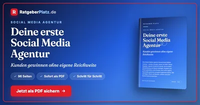Werbebild von RatgeberPlatz mit dem Buchcover „Deine erste Social Media Agentur – Kunden gewinnen ohne eigene Reichweite“