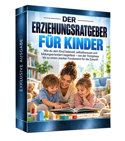 Produktbox „Der Erziehungsratgeber für Kinder“ mit einer Mutter und zwei Kindern, die gemeinsam ein Buch ansehen