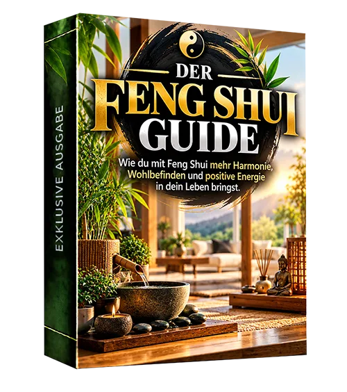 Produktbox „Der Feng Shui Guide“ mit Wohnraum, Steinschale und Buddha-Figur, Aufschrift Exklusive Ausgabe