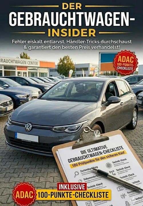 Cover des E-Books Der Gebrauchtwagen-Insider mit einem grauen Kompaktwagen auf einem Händlerhof und einer Checkliste auf einem Klemmbrett