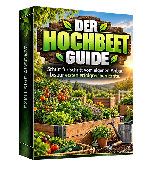 Produktbox des E-Books „Der Hochbeet-Guide“ mit einem bepflanzten Holz-Hochbeet und Gartengeräten