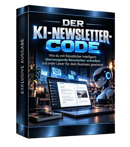 Produktbild des E-Books Der KI-Newsletter-Code mit Laptop, Briefsymbolen und Roboter