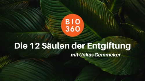 Titelgrafik des Kurses Die 12 Säulen der Entgiftung mit Unkas Gemmeker und dem Bio360-Logo
