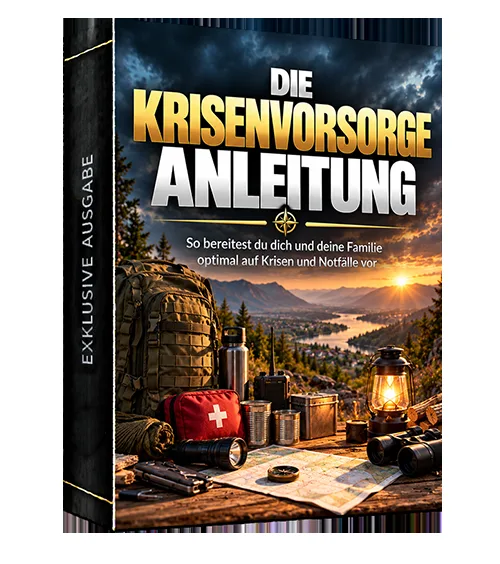 Produktbild eines Buchschubers „Die Krisenvorsorge Anleitung, Exklusive Ausgabe“ mit Rucksack, Erste-Hilfe-Tasche, Laterne und Landkarte