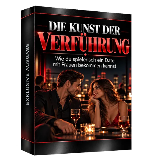 Produktbild des E-Books „Die Kunst der Verführung“ mit Paar in einer Bar und dem Untertitel „Wie du spielerisch ein Date mit Frauen bekommen kannst“