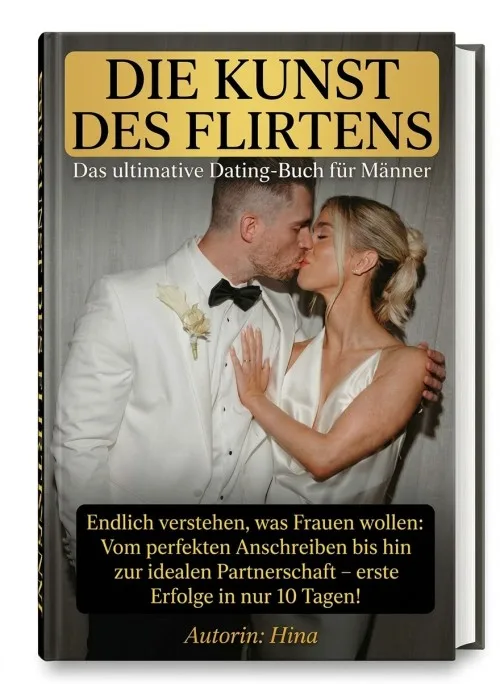 Buchcover „Die Kunst des Flirtens – Das ultimative Dating-Buch für Männer“ mit einem küssenden Paar und dem Vermerk „Autorin: Hina“