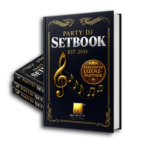 Buchcover „Party DJ Setbook“ mit goldenem Notenschlüssel und dem Siegel „Exklusiver Lizenzpartner“