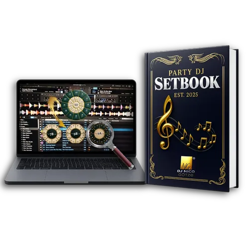 Produktbild des Party DJ Setbook als gebundenes Buch neben einem Laptop mit DJ-Software und Camelot-Rädern