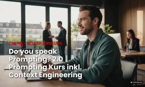Titelbild des Selbstlernkurses Do you speak Prompting 2.0 mit Schriftzug und einem Mann am Laptop