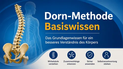 Titelgrafik „Dorn-Methode Basiswissen“ mit Wirbelsäule und Becken auf blauem Hintergrund