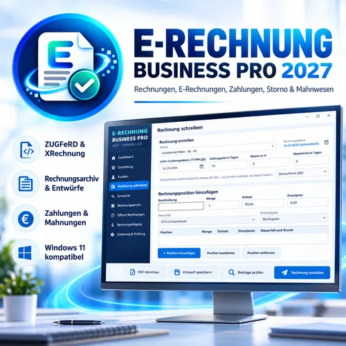 Titelgrafik von E-Rechnung Business Pro 2027 mit Programmoberfläche und dem Hinweis auf ZUGFeRD und XRechnung