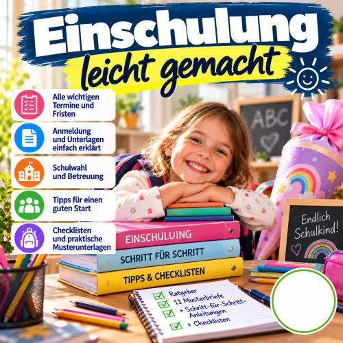Titelbild von Einschulung leicht gemacht mit lachendem Schulkind, Schultüte und gestapelten Ratgebern