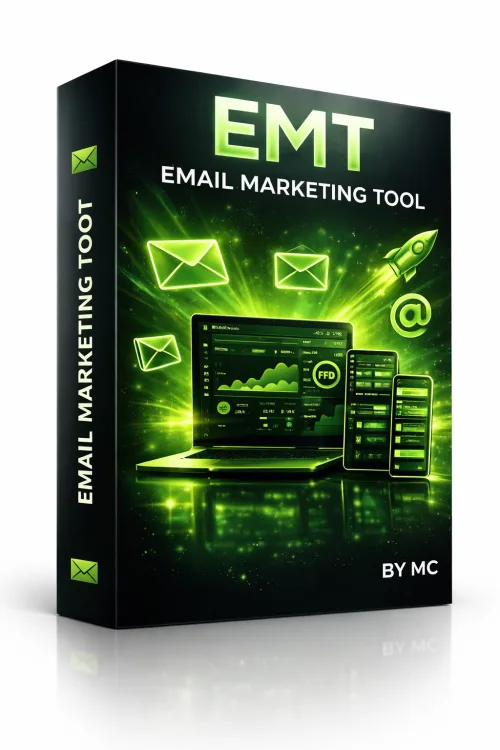 Produktbox des EMT E-Mail Marketing Tool by MC mit Laptop, Tablet und Briefsymbolen auf schwarzem Hintergrund