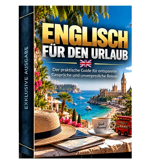 Produktbild des Leitfadens „Englisch für den Urlaub“ mit Strand, Strohhut und britischer Flagge