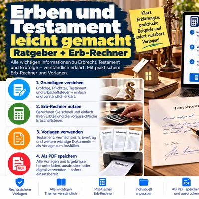 Titelbild des Ratgebers Erben und Testament leicht gemacht mit Erb-Rechner, Testament und Füllfederhalter