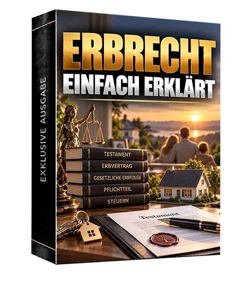 Produktbox „Erbrecht einfach erklärt – Exklusive Ausgabe“ mit Waage der Justitia, Büchern, Haus und Testament