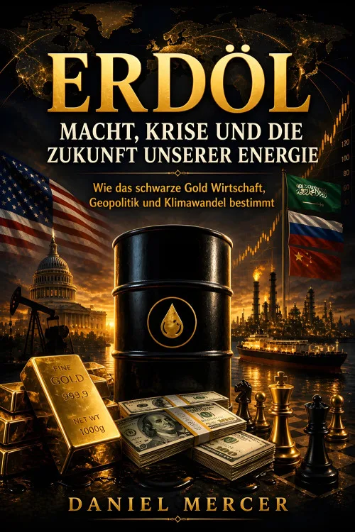 Cover des Sachbuchs Erdöl – Macht, Krise und die Zukunft unserer Energie von Daniel Mercer mit Ölfass, Goldbarren und Flaggen