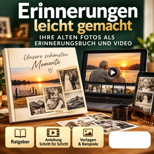 Titelbild zu Erinnerungen leicht gemacht mit Erinnerungsbuch, Laptop und alten Fotos