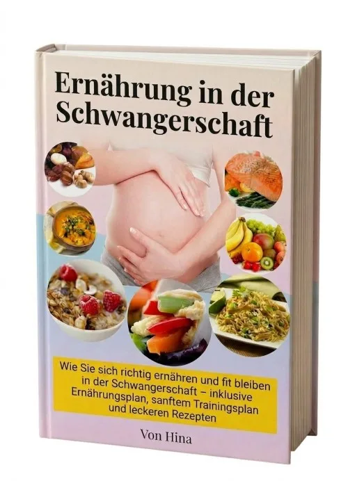 Buchcover „Ernährung in der Schwangerschaft“ mit Schwangerenbauch und Gerichten, „Von Hina“