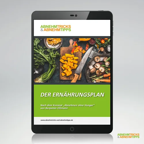 Cover „Der Ernährungsplan“ auf einem Tablet, nach dem Konzept „Abnehmen ohne Hunger“ von Benjamin Oltmann