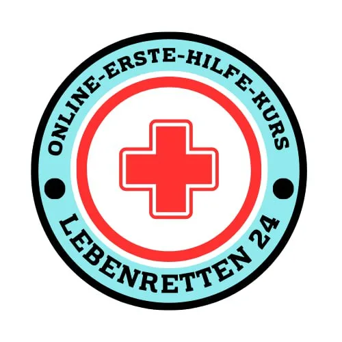 Rundes Logo Online-Erste-Hilfe-Kurs Lebenretten 24 mit rotem Kreuz