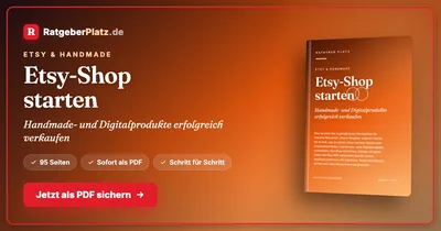 Cover des PDF-Ratgebers „Etsy-Shop starten“ von RatgeberPlatz mit Buchabbildung und dem Hinweis 95 Seiten
