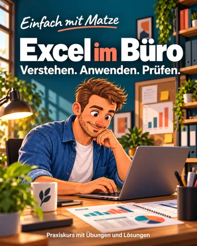 Titelbild des Kurses „Excel im Büro mit Matze“ mit Zeichenfigur am Laptop und dem Untertitel Verstehen. Anwenden. Prüfen.
