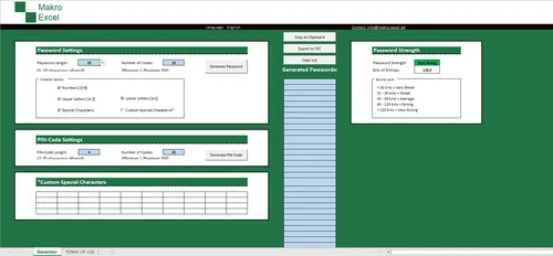 Bildschirmfoto der Excel-Vorlage PIN- und Passwort-Generator mit Einstellungen für Passwortlänge und Zeichentypen