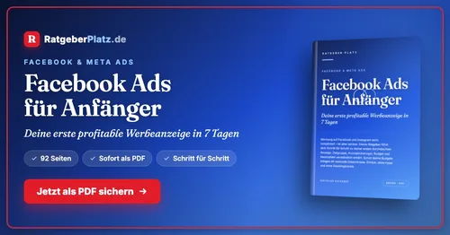 Titelbild des PDF-Ratgebers Facebook Ads für Anfänger von RatgeberPlatz mit Buchcover