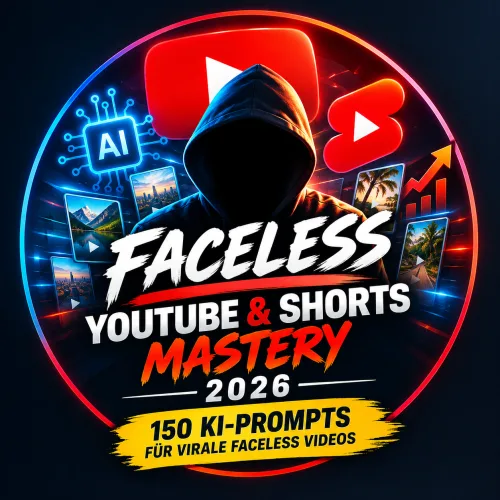 Titelgrafik „Faceless YouTube & Shorts Mastery 2026 – 150 KI-Prompts für virale Faceless Videos“ mit einer Silhouette in Kapuze und YouTube-Logo