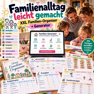 Titelgrafik „Familienalltag leicht gemacht – XXL Familien-Organizer“ mit lachender Familie, Laptop und Planer-Vorlagen wie Wochenplan und Putzplan
