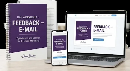 Produktbild des Workbooks Feedback-E-Mail von Heinz Bader als Ringbuch, Smartphone und Laptop