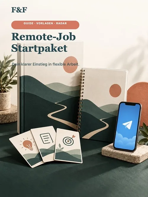 Produktbild des Remote-Job-Startpakets von Fern & Frei mit Buch, Notizheft und Smartphone mit Telegram-Symbol