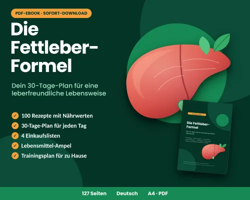 Titelgrafik „Die Fettleber-Formel“ mit Leber-Illustration und Stichpunkten zu 100 Rezepten, 30-Tage-Plan und Einkaufslisten