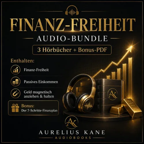 Cover des Finanz-Freiheit Audio-Bundles mit Kopfhörern, Goldbarren und Balkendiagramm, Aufschrift 3 Hörbücher plus Bonus-PDF, Aurelius Kane Audiobooks