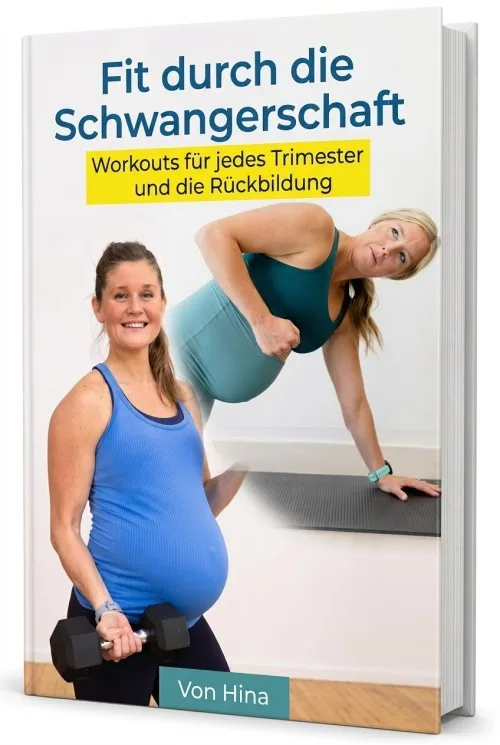 Buchcover „Fit durch die Schwangerschaft – Workouts für jedes Trimester und die Rückbildung“ mit einer schwangeren Frau beim Training