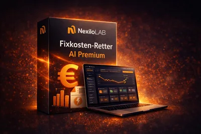 Produktkarton-Mockup „Fixkosten-Retter AI Premium“ von NexiloLab mit Laptop und Auswertungsdiagramm