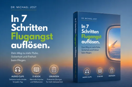 Produktgrafik des Audiokurses In 7 Schritten Flugangst auflösen von Dr. Michael Jost mit Flugzeugfenster
