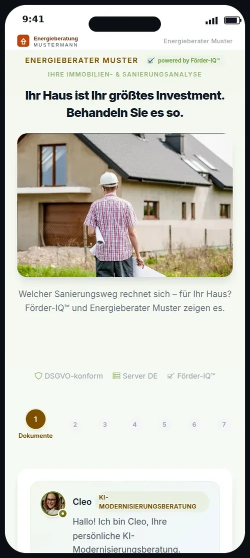 Vorführ-Auftritt „Energieberatung Mustermann“ auf einem Smartphone, Beispiel für den Mandanten-Auftritt von FörderCheckPro