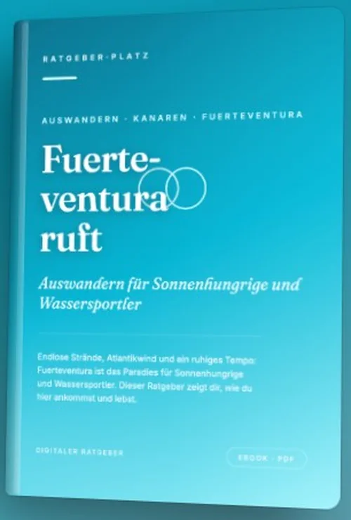 Cover des PDF-Ratgebers „Fuerteventura ruft“ von RatgeberPlatz mit Türkis-Verlauf