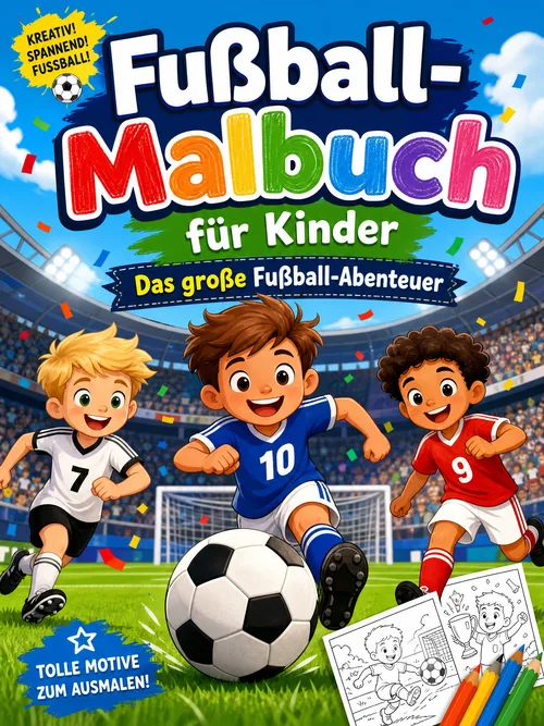 Titelbild des Fußball-Malbuchs für Kinder mit drei spielenden Jungen im Stadion