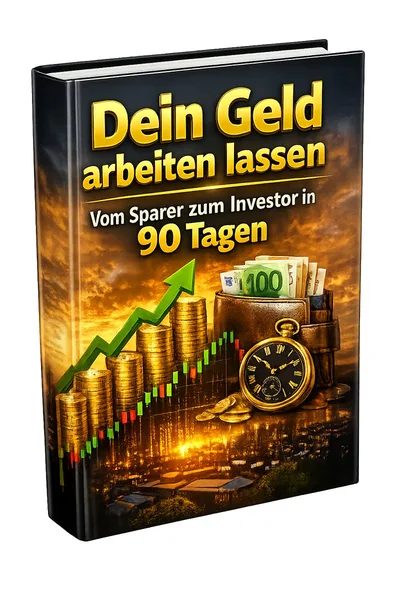 Buchcover „Dein Geld arbeiten lassen – Vom Sparer zum Investor in 90 Tagen“ mit Goldmünzen und Aufwärtspfeil