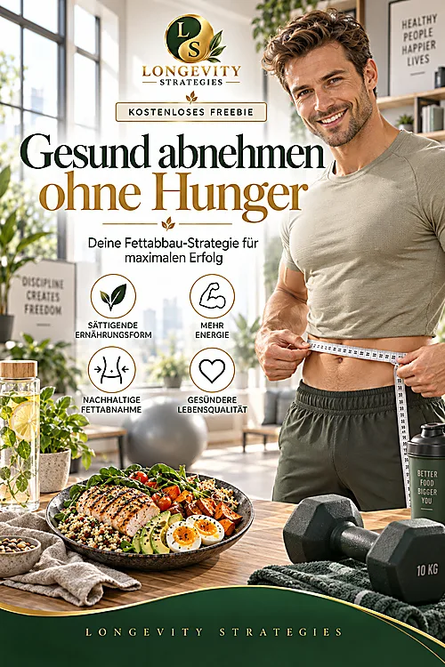 Titelgrafik Gesund abnehmen ohne Hunger der Marke Longevity Strategies mit lächelndem Mann, Maßband und Teller mit Hähnchen und Gemüse
