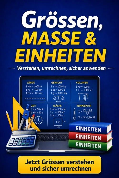 Titelbild des Kurs-Bundles Grössen, Masse und Einheiten mit Umrechnungstafel auf einem Laptop und drei Büchern