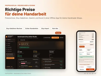 Titelgrafik „Richtige Preise für deine Handarbeit“ mit Ansicht der Handmade & Etsy Seller Studio App am Computer und Handy