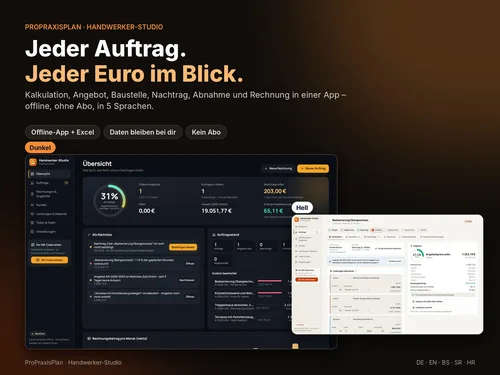Titelgrafik des Handwerker-Studios von ProPraxisPlan mit App-Übersicht im dunklen und hellen Design
