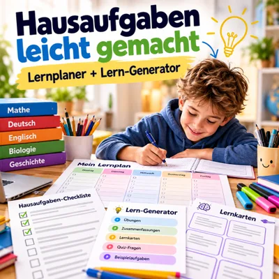 Titelbild „Hausaufgaben leicht gemacht – Lernplaner + Lern-Generator“ mit schreibendem Jungen, Schulbüchern und Lernplänen