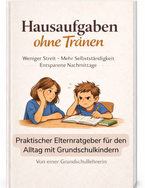 Cover des E-Books „Hausaufgaben ohne Tränen“, Elternratgeber für den Alltag mit Grundschulkindern