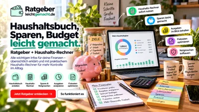 Titelgrafik „Haushaltsbuch, Sparen, Budget leicht gemacht“ mit Laptop-Dashboard, Sparschwein und Notizbuch auf einem Schreibtisch